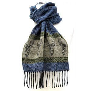 New Made in Scotland Celtic Stag Deer Wool Chenille Scarf Blue Green